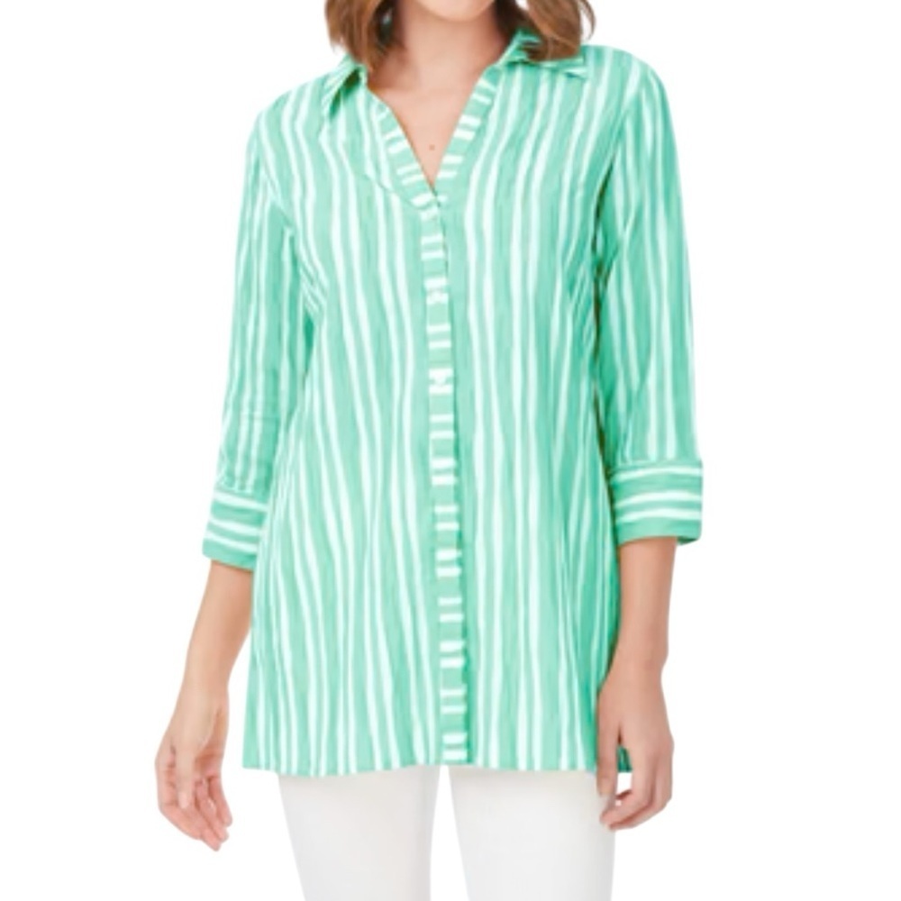 Foxcroft Pamela Beach Cotton Blend Gauzy Green White Striped Tunic Women Size 16